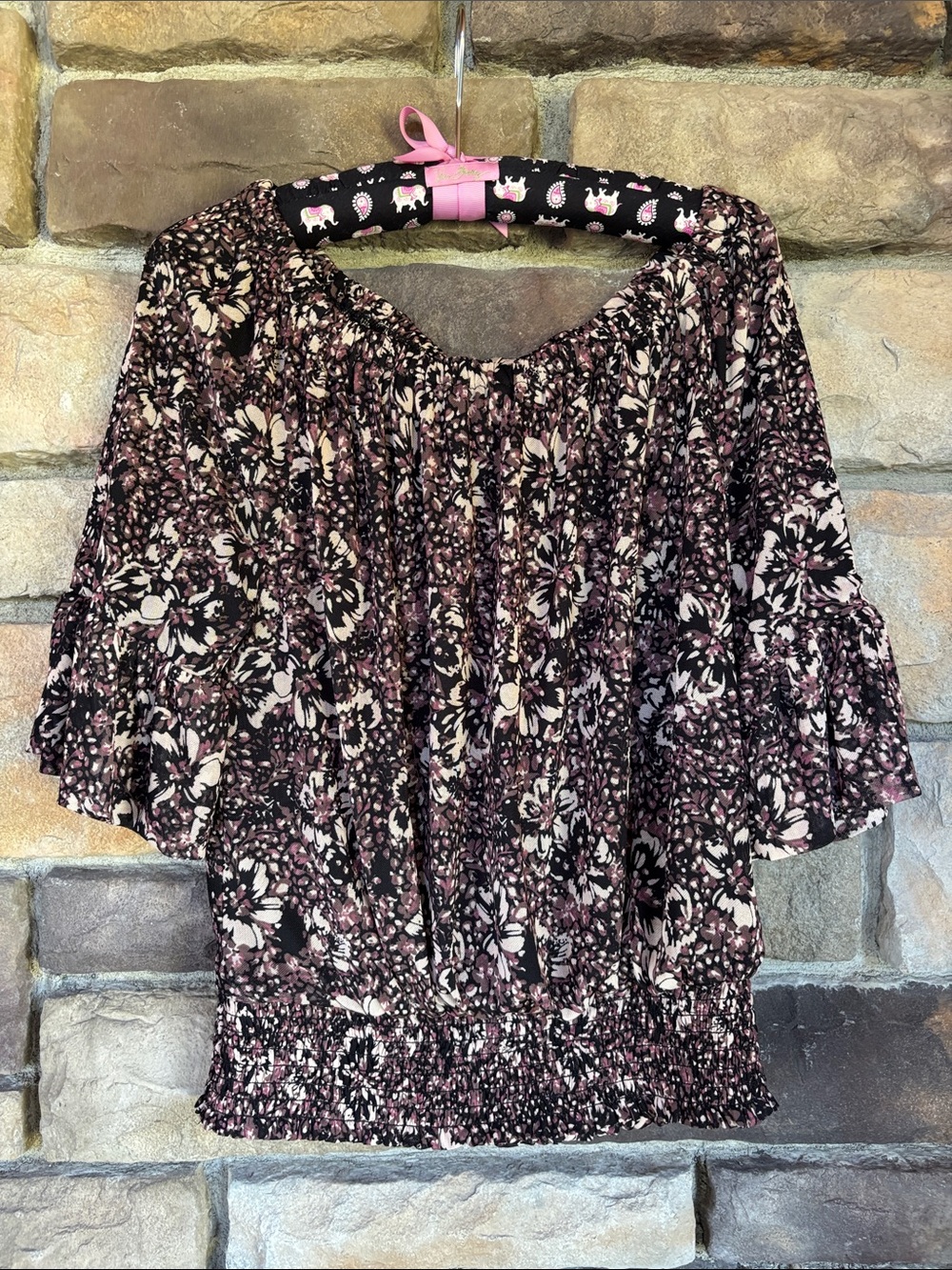 Evereve Black and Tan Floral Smocked Blouse
